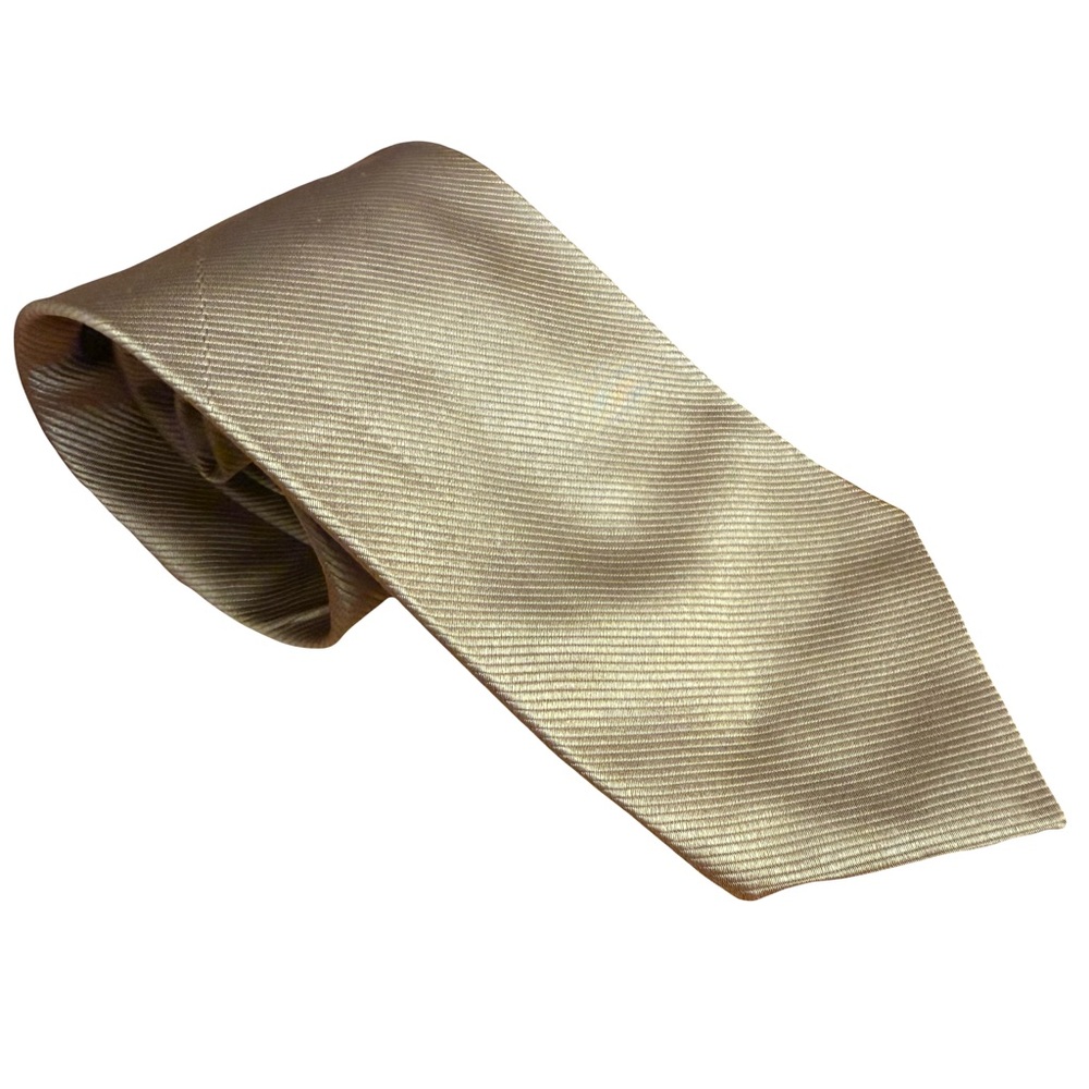 Burberry Gold Silk Vintage Tie. Jacquard Design with Embroidered Crest.